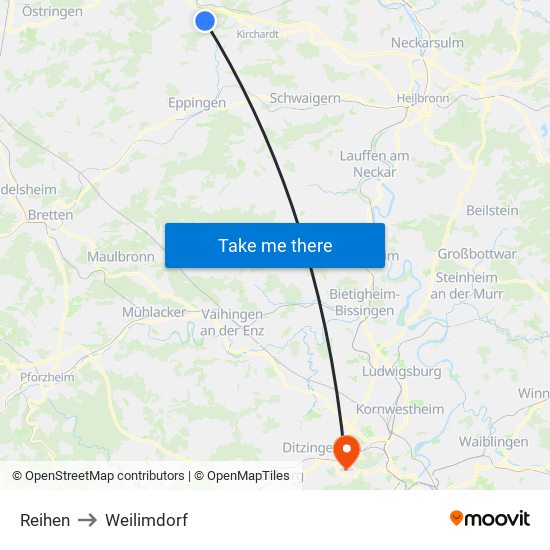 Reihen to Weilimdorf map