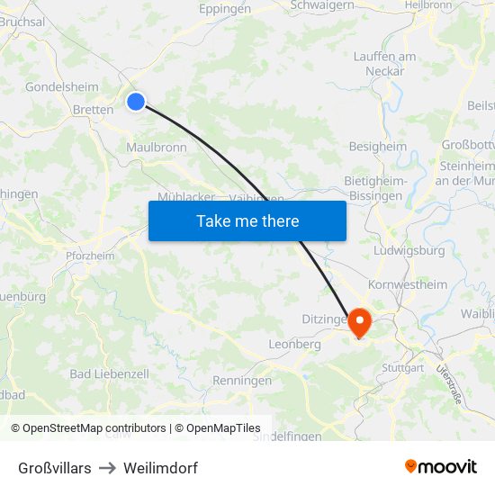 Großvillars to Weilimdorf map