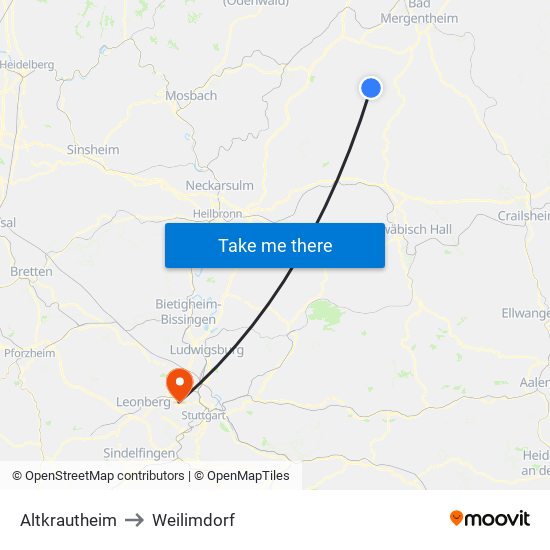 Altkrautheim to Weilimdorf map