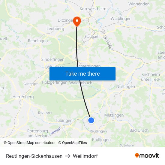 Reutlingen-Sickenhausen to Weilimdorf map