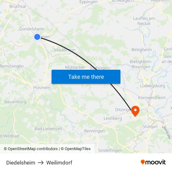 Diedelsheim to Weilimdorf map