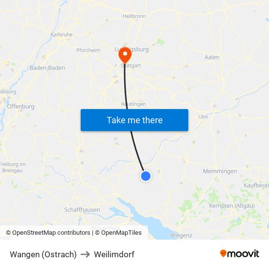 Wangen (Ostrach) to Weilimdorf map