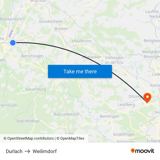 Durlach to Weilimdorf map