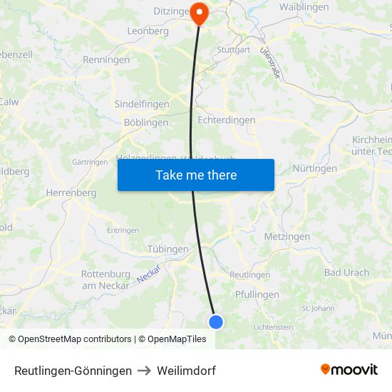 Reutlingen-Gönningen to Weilimdorf map