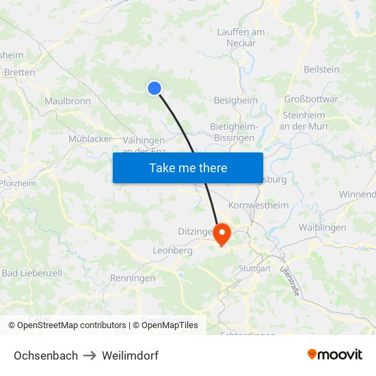 Ochsenbach to Weilimdorf map