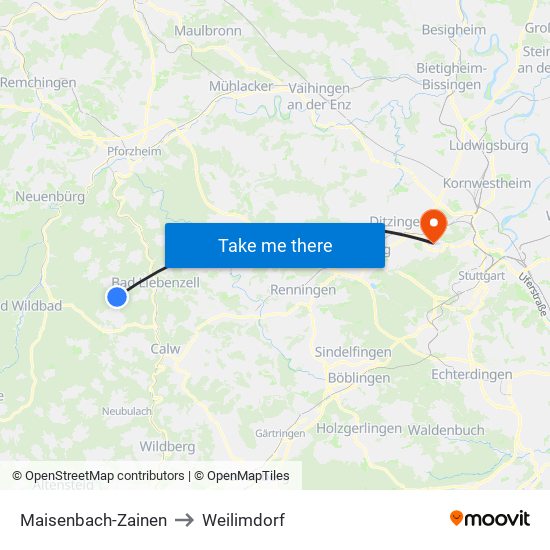 Maisenbach-Zainen to Weilimdorf map