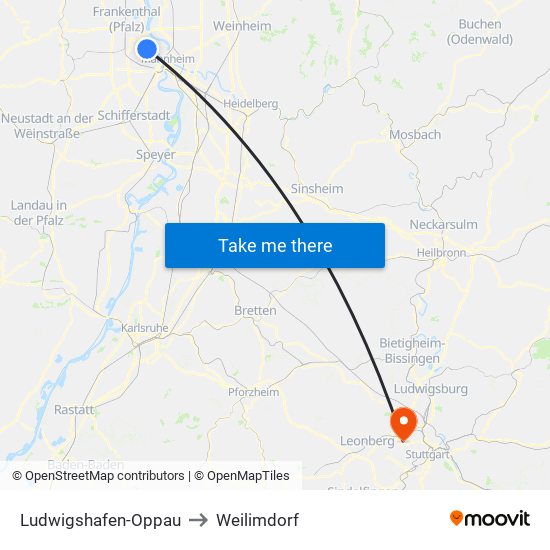 Ludwigshafen-Oppau to Weilimdorf map