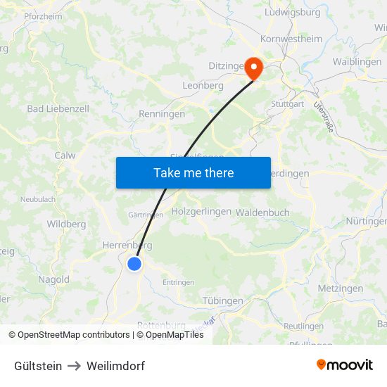 Gültstein to Weilimdorf map
