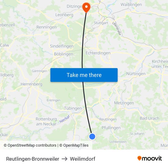 Reutlingen-Bronnweiler to Weilimdorf map