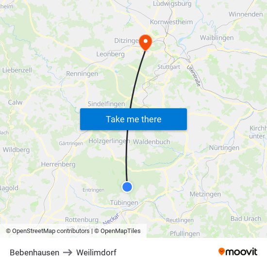 Bebenhausen to Weilimdorf map