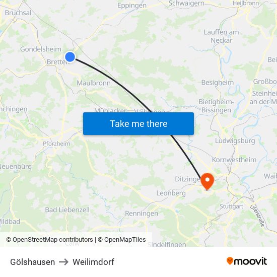 Gölshausen to Weilimdorf map