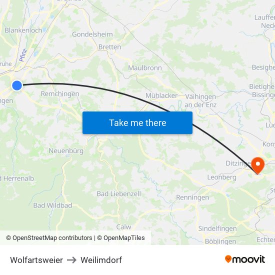 Wolfartsweier to Weilimdorf map