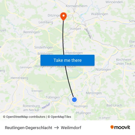 Reutlingen-Degerschlacht to Weilimdorf map