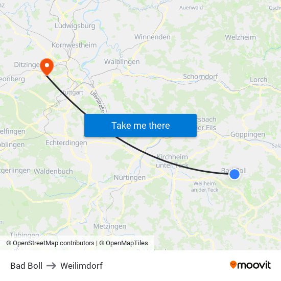 Bad Boll to Weilimdorf map