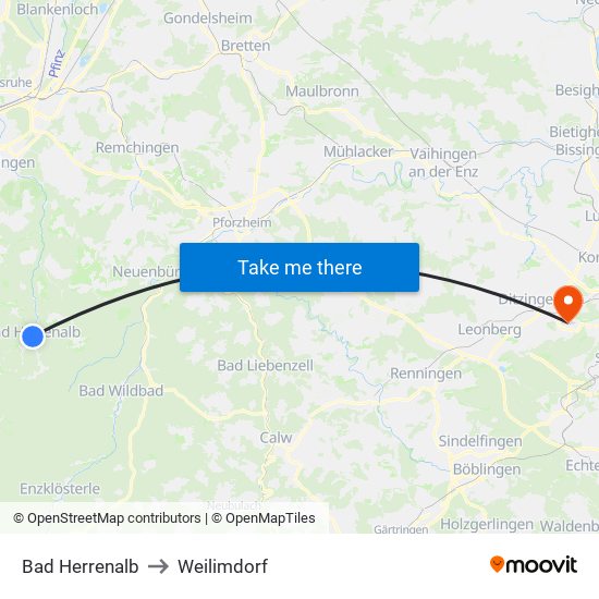 Bad Herrenalb to Weilimdorf map