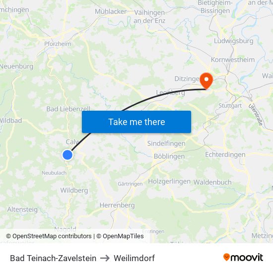 Bad Teinach-Zavelstein to Weilimdorf map