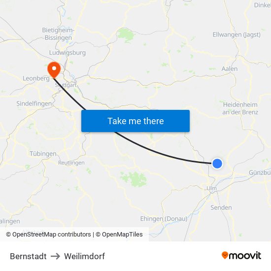 Bernstadt to Weilimdorf map