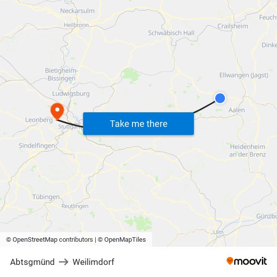 Abtsgmünd to Weilimdorf map
