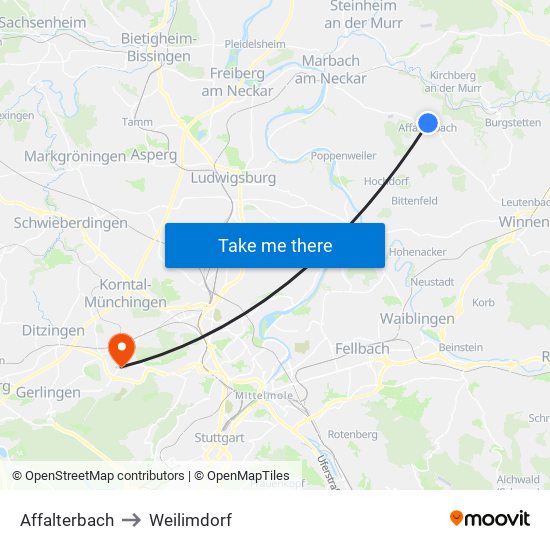 Affalterbach to Weilimdorf map