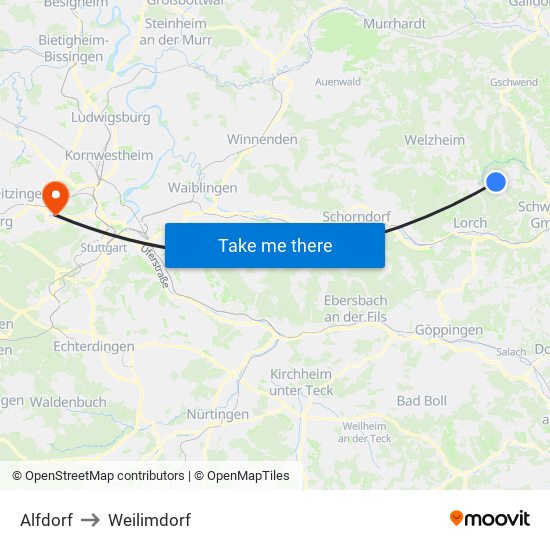 Alfdorf to Weilimdorf map