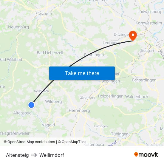 Altensteig to Weilimdorf map