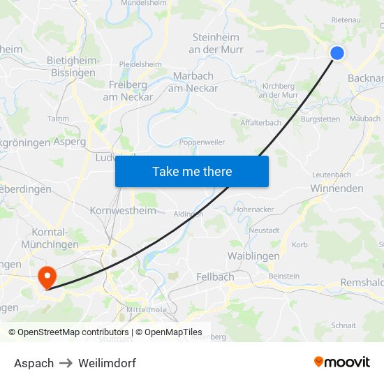 Aspach to Weilimdorf map