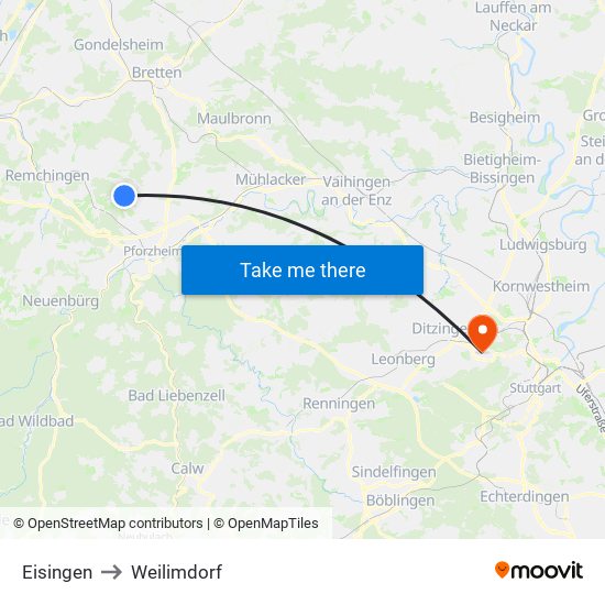 Eisingen to Weilimdorf map