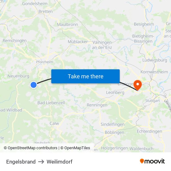 Engelsbrand to Weilimdorf map