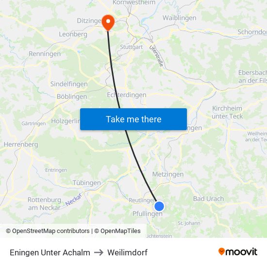Eningen Unter Achalm to Weilimdorf map