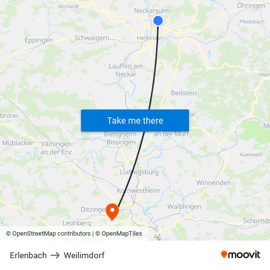 Erlenbach to Weilimdorf map