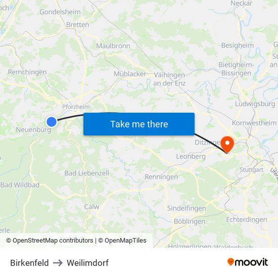 Birkenfeld to Weilimdorf map