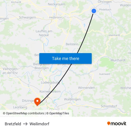 Bretzfeld to Weilimdorf map