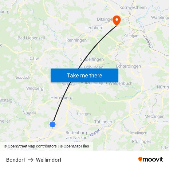 Bondorf to Weilimdorf map