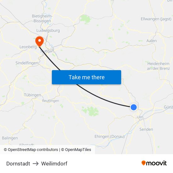 Dornstadt to Weilimdorf map