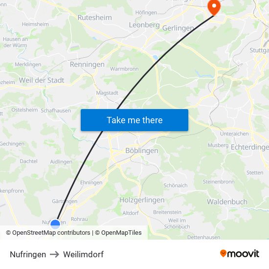 Nufringen to Weilimdorf map