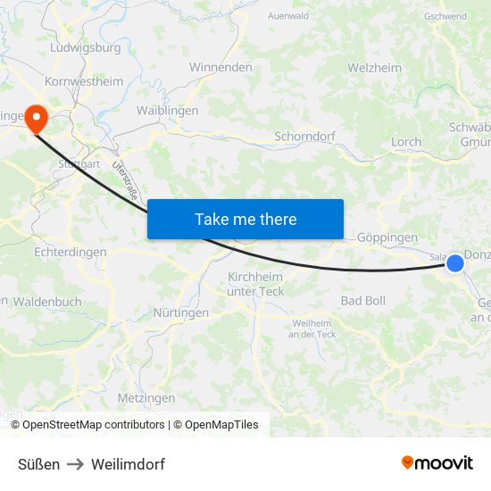 Süßen to Weilimdorf map