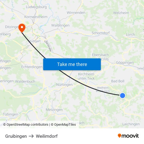 Gruibingen to Weilimdorf map