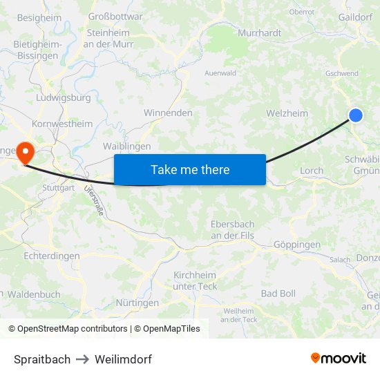 Spraitbach to Weilimdorf map