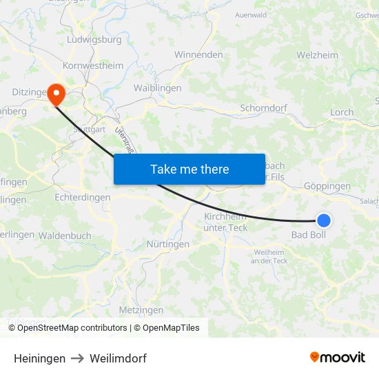 Heiningen to Weilimdorf map