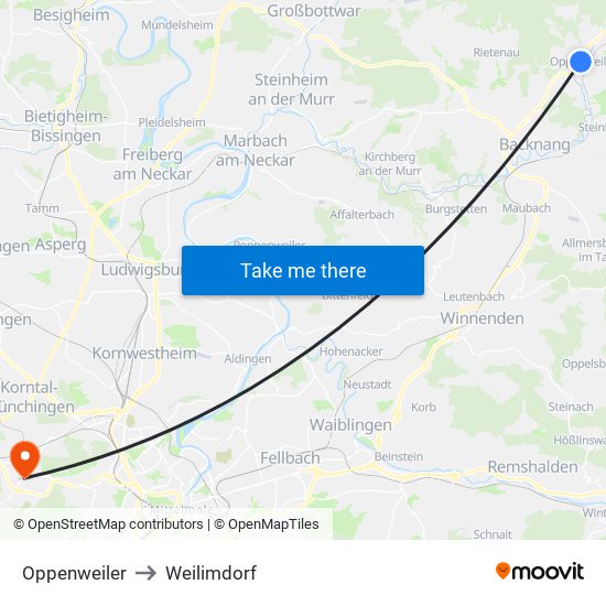 Oppenweiler to Weilimdorf map