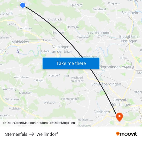 Sternenfels to Weilimdorf map