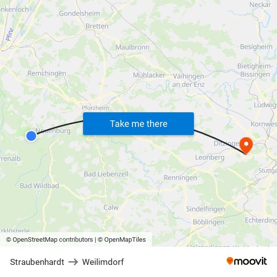 Straubenhardt to Weilimdorf map