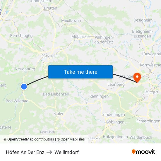 Höfen An Der Enz to Weilimdorf map