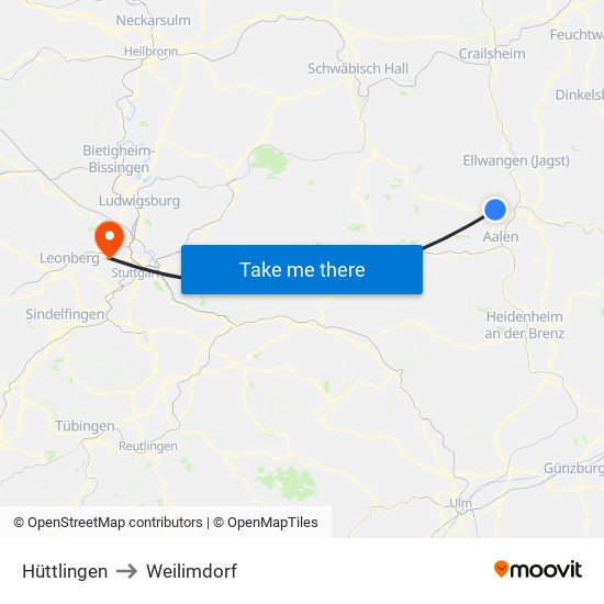 Hüttlingen to Weilimdorf map