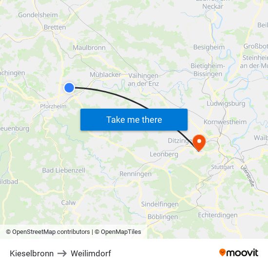 Kieselbronn to Weilimdorf map