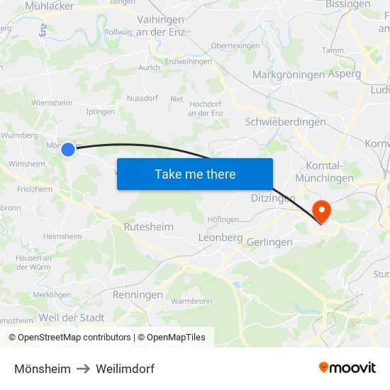 Mönsheim to Weilimdorf map