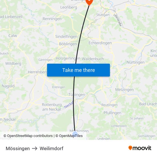 Mössingen to Weilimdorf map