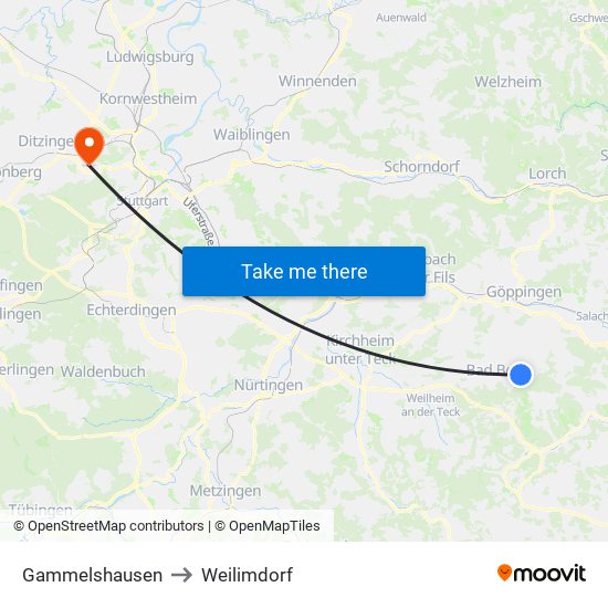 Gammelshausen to Weilimdorf map