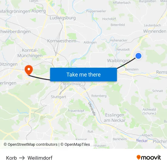 Korb to Weilimdorf map
