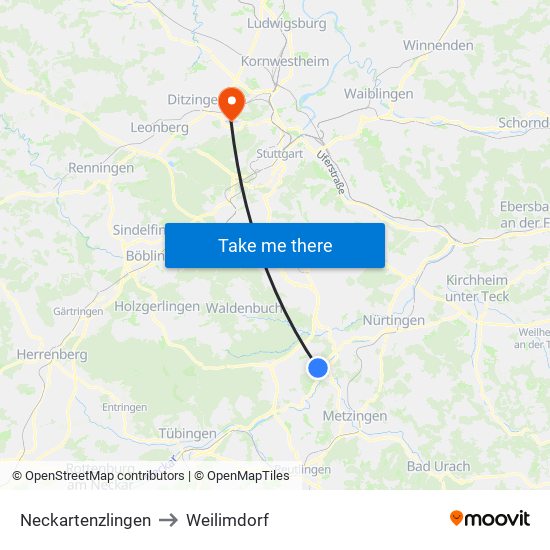 Neckartenzlingen to Weilimdorf map